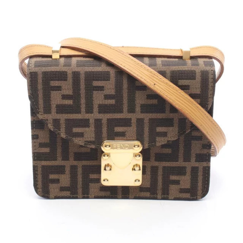 Fendi Zucca Shoulder Bag Canvas Leather Brown Black